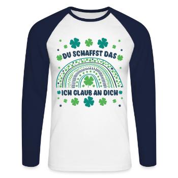 Glücksbringer: Du schaffst das! Ich glaub an dich! - Unisex Baseballshirt langarm - Weiß/Navy - Vorne - Nik (191cm)