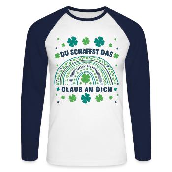 Du schaffst das! Glaub an dich! Mut machen Glück - Unisex Baseballshirt langarm - Weiß/Navy - Vorne - Nik (191cm)