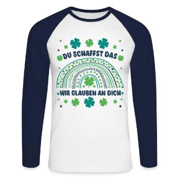 Glücksbringer Du schaffst das! Wir glauben an dich - Unisex Baseballshirt langarm - Weiß/Navy - Vorne - Nik (191cm)
