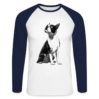 Sitzender Boston Terrier Hund - Unisex Baseballshirt langarm - Weiß/Navy - Vorne - Nik (191cm)