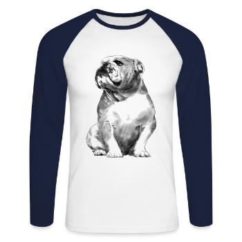 Sitzender Englische Bulldogge - Unisex Baseballshirt langarm - Weiß/Navy - Vorne - Nik (191cm)