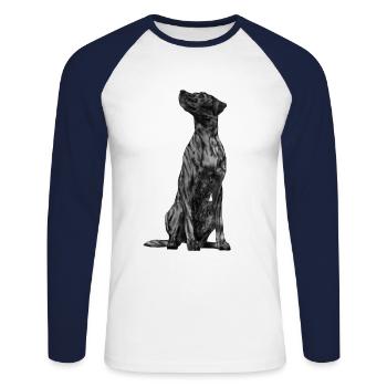 Sitzender Plott Hound Hund - Unisex Baseballshirt langarm - Weiß/Navy - Vorne - Nik (191cm)