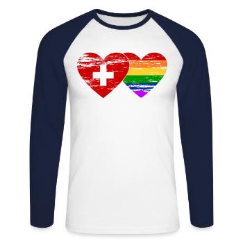 Schweiz Regenbogen Flagge used - Unisex Baseballshirt langarm - Weiß/Navy - Vorne - Nik (191cm)