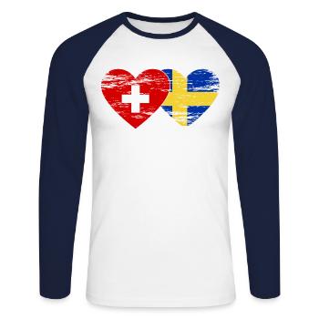 Suisse Suède Drapeau Coeur Utilisé - T-shirt baseball manches longues Homme - blanc/marine - Devant - Nik (191cm)