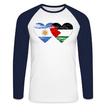 Argentina Palestine Flag Heart - Unisex Long Sleeve Baseball T-Shirt - white/navy - Front - Nik (191cm)