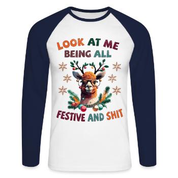 Look at me being all festive and shit - Lama - Unisex Baseballshirt langarm - Weiß/Navy - Vorne - Nik (191cm)