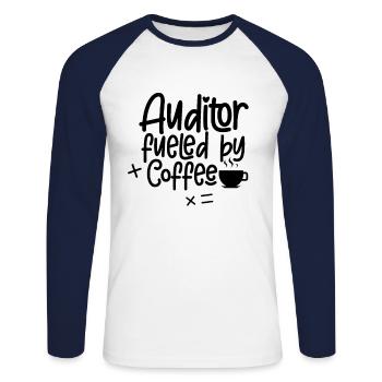Expert-comptable Propulsé par le café Audit - T-shirt baseball manches longues Homme - blanc/marine - Devant - Nik (191cm)