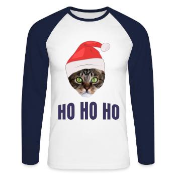 Katze mit Weihnachtsmütze, Weihnachtsmann Ho Ho Ho - Unisex Baseballshirt langarm - Weiß/Navy - Vorne - Nik (191cm)