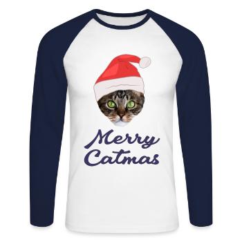 Merry Catmas, Christmas Cat Santa with Santa hat - Unisex Long Sleeve Baseball T-Shirt - white/navy - Front - Nik (191cm)