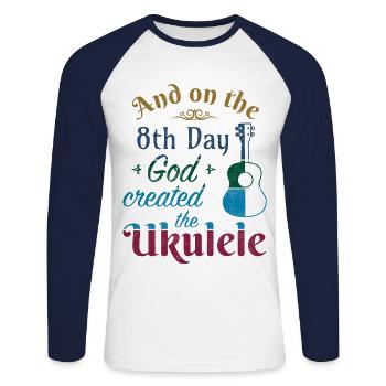 Et le 8ème jour, Dieu a créé le ukulélé - T-shirt baseball manches longues Homme - blanc/marine - Devant - Nik (191cm)