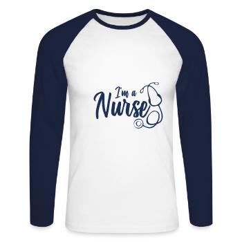 Infirmière - T-shirt baseball manches longues Homme - blanc/marine - Devant - Nik (191cm)