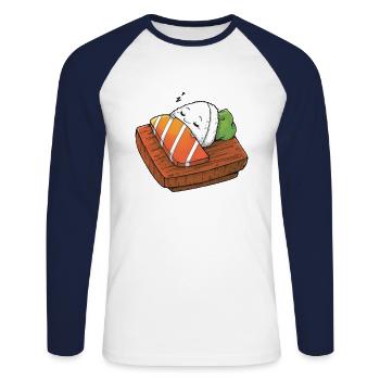 Schläfriger Sushi-lustiger japanischer Lebensmittel-Liebhaber - Unisex Baseballshirt langarm - Weiß/Navy - Vorne - Nik (191cm)