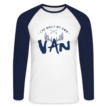 RV Reconstruction équipe Campervan maison - T-shirt baseball manches longues Homme - blanc/marine - Devant - Nik (191cm)