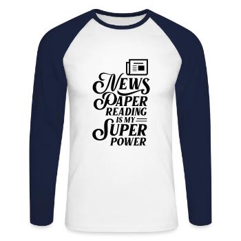 La lecture du journal est mon magazine de lecture amateur - T-shirt baseball manches longues Homme - blanc/marine - Devant - Nik (191cm)