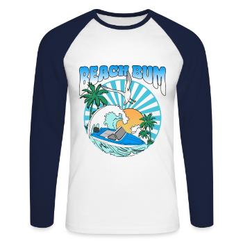 Beach Bum - Boat Palm Trees Sea Seagull Sunset - Unisex Long Sleeve Baseball T-Shirt - white/navy - Front - Nik (191cm)