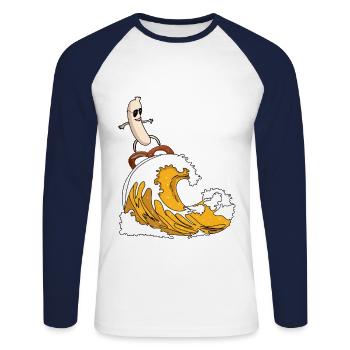 Weißwurst surft mit Brezel auf Bierwelle - Bayern - Unisex Baseballshirt langarm - Weiß/Navy - Vorne - Nik (191cm)