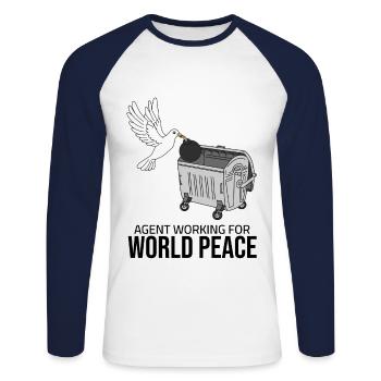 Agent working for World Peace - Unisex Baseballshirt langarm - Weiß/Navy - Vorne - Nik (191cm)