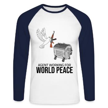agent working for world peace - Unisex Baseballshirt langarm - Weiß/Navy - Vorne - Nik (191cm)