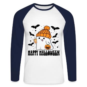 Halloween Ghost with Bubble Tea Jack-o-lantern Hat - Unisex Long Sleeve Baseball T-Shirt - white/navy - Front - Nik (191cm)