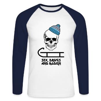 Rodel Skull - Sex, Drugs and Rodeln - Unisex Baseballshirt langarm - Weiß/Navy - Vorne - Nik (191cm)