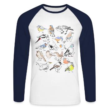 Oiseaux Croquis dessin collage - T-shirt baseball manches longues Homme - blanc/marine - Devant - Nik (191cm)