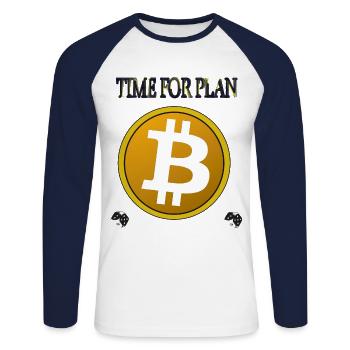 Plan de symboles Bitcoin - T-shirt baseball manches longues Homme - blanc/marine - Devant - Nik (191cm)