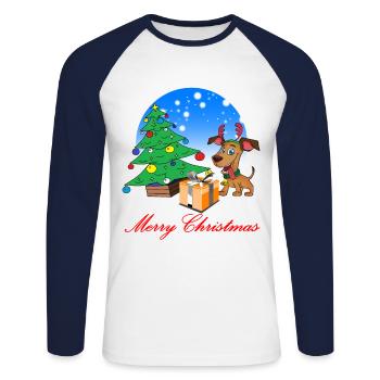 Weihnachten Merry Christmas Hund Rentier - Unisex Baseballshirt langarm - Weiß/Navy - Vorne - Nik (191cm)