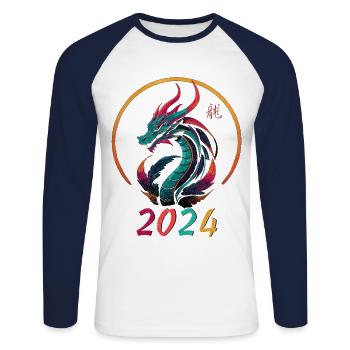 Année du dragon 2024 - T-shirt baseball manches longues Homme - blanc/marine - Devant - Nik (191cm)