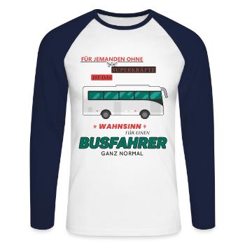 Busfahrer Geschenk • Wahnsinn Superkraft Shirt - Unisex Baseballshirt langarm - Weiß/Navy - Vorne - Nik (191cm)