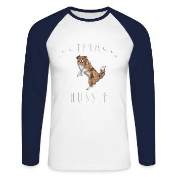 Team Aussie - Red Merle (with tail) - Unisex Long Sleeve Baseball T-Shirt - white/navy - Front - Nik (191cm)