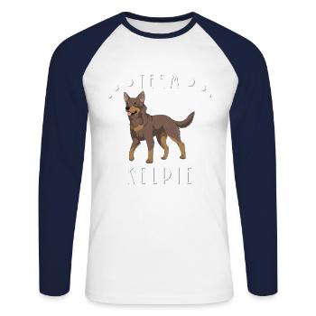 Team Kelpie - Brown and Tan - Unisex Long Sleeve Baseball T-Shirt - white/navy - Front - Nik (191cm)