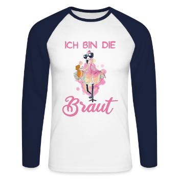 Ich bin die Braut Flamingo JGA Polterabend Party - Unisex Baseballshirt langarm - Weiß/Navy - Vorne - Nik (191cm)