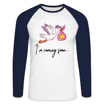 I’m Coming Soon Grossesse Bébé Naissance - T-shirt baseball manches longues Homme - blanc/marine - Devant - Nik (191cm)