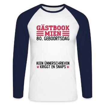 80 Geburtstag Plattdeutsch Gästebuch Norddeutsch - Unisex Baseballshirt langarm - Weiß/Navy - Vorne - Nik (191cm)