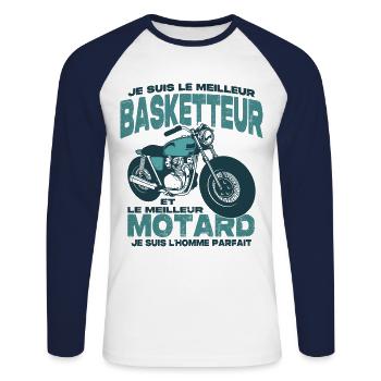 Le meilleur motard et le meilleur basketteur - T-shirt baseball manches longues Homme - blanc/marine - Devant - Nik (191cm)