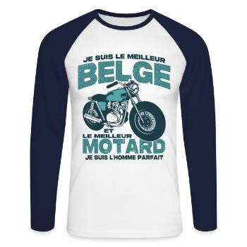 Le meilleur motard et le meilleur belge - T-shirt baseball manches longues Homme - blanc/marine - Devant - Nik (191cm)
