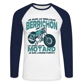 Le meilleur motard et le meilleur berrichon - T-shirt baseball manches longues Homme - blanc/marine - Devant - Nik (191cm)