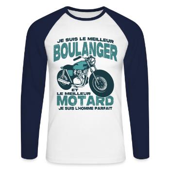 Le meilleur motard et le meilleur boulanger - T-shirt baseball manches longues Homme - blanc/marine - Devant - Nik (191cm)
