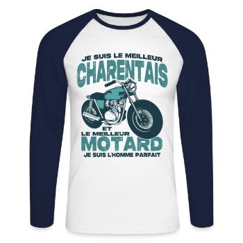 Le meilleur motard et le meilleur charentais - T-shirt baseball manches longues Homme - blanc/marine - Devant - Nik (191cm)
