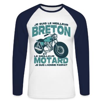 Le meilleur motard et le meilleur breton - T-shirt baseball manches longues Homme - blanc/marine - Devant - Nik (191cm)