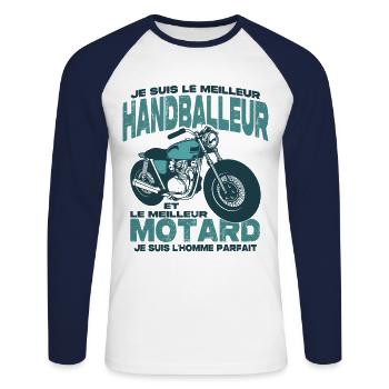 Le meilleur motard et le meilleur handballeur - T-shirt baseball manches longues Homme - blanc/marine - Devant - Nik (191cm)