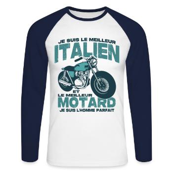 Le meilleur motard et le meilleur italien - T-shirt baseball manches longues Homme - blanc/marine - Devant - Nik (191cm)