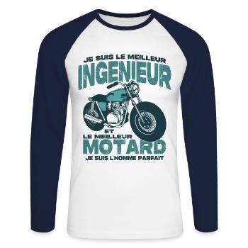 Le meilleur motard et le meilleur ingénieur - T-shirt baseball manches longues Homme - blanc/marine - Devant - Nik (191cm)