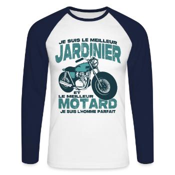Le meilleur motard et le meilleur jardinier - T-shirt baseball manches longues Homme - blanc/marine - Devant - Nik (191cm)