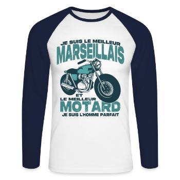 Le meilleur motard et le meilleur marseillais - T-shirt baseball manches longues Homme - blanc/marine - Devant - Nik (191cm)