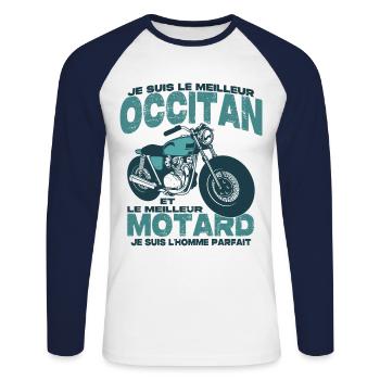 Le meilleur motard et le meilleur occitan - T-shirt baseball manches longues Homme - blanc/marine - Devant - Nik (191cm)