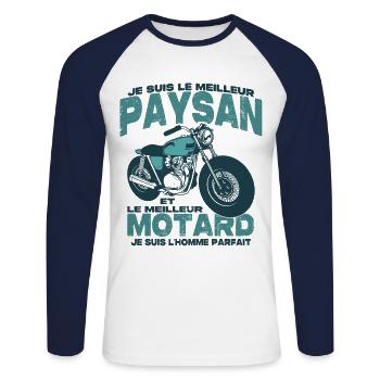 Le meilleur motard et le meilleur paysan - T-shirt baseball manches longues Homme - blanc/marine - Devant - Nik (191cm)