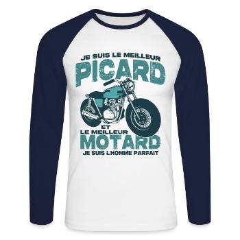 Le meilleur motard et le meilleur picard - T-shirt baseball manches longues Homme - blanc/marine - Devant - Nik (191cm)