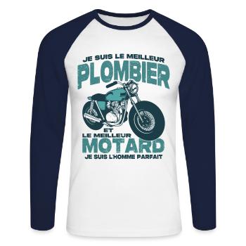 Le meilleur motard et le meilleur plombier - T-shirt baseball manches longues Homme - blanc/marine - Devant - Nik (191cm)