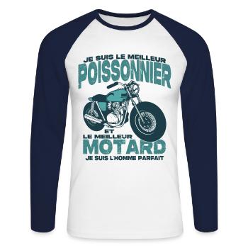 Le meilleur motard et le meilleur poissonnier - T-shirt baseball manches longues Homme - blanc/marine - Devant - Nik (191cm)